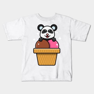 Sticker and Label Of Cute Baby Panda On Ice Cream Kids T-Shirt